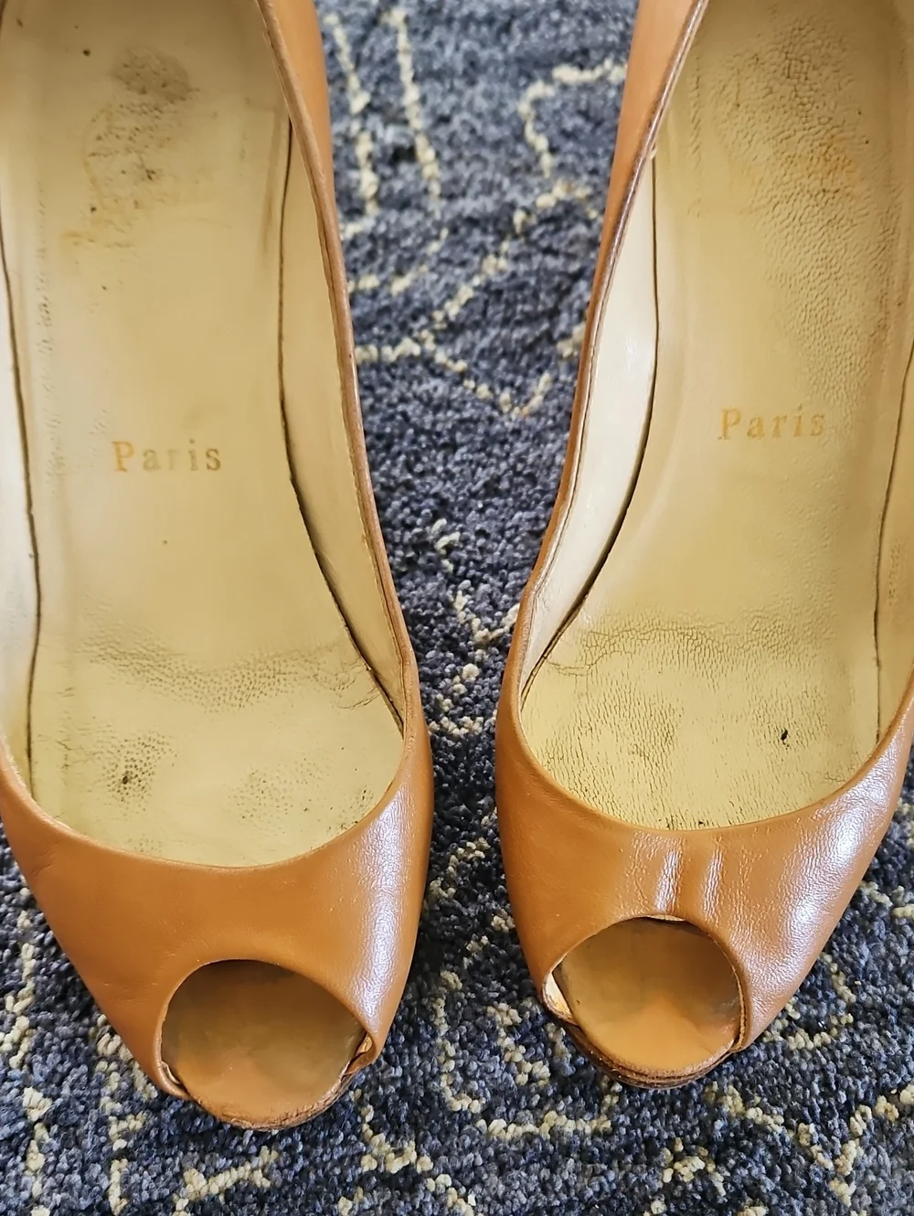 Christian Louboutin Tan Leather Peep-Toe Wedge Heels
